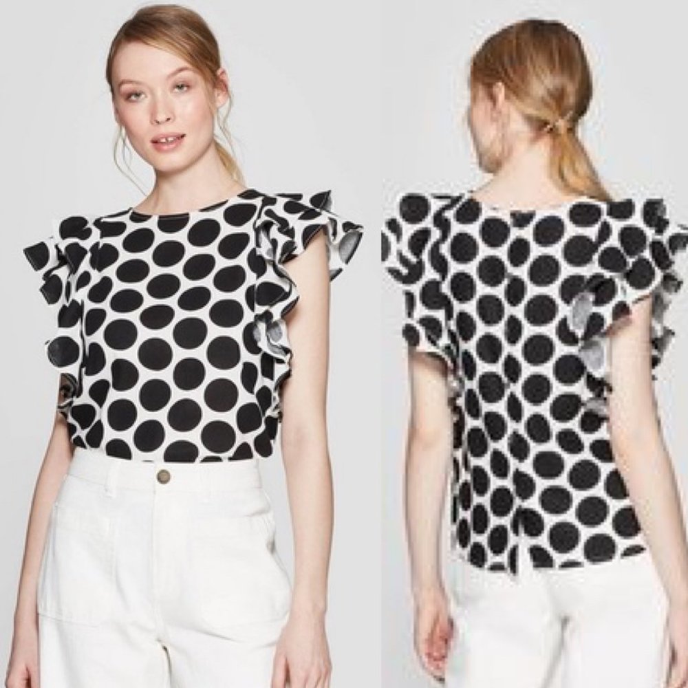 Linen blend ruffle sleeve polka dot blouse